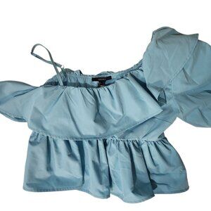 NWT Forever 21 Crop Top Ruffled Off-Shoulder US Size XL Light Blue Asymmetrical